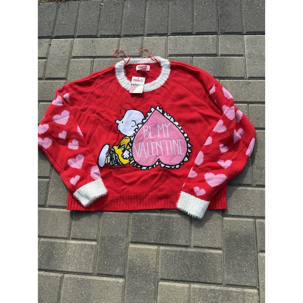 PEANUTS Charlie Brown Be My Valentine Knit Sweater in Red/White Sz LARGE NWT‎